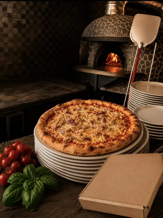 Pizza scoasă din cuptorul pe vatră, la Tana di Lucio